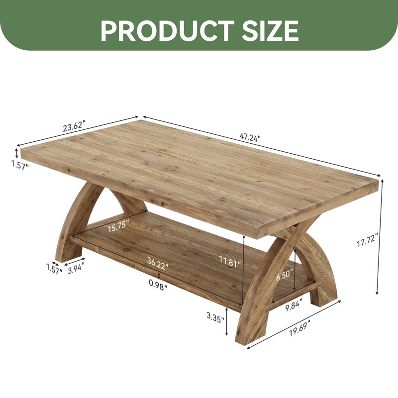Solid Wood Coffee Table With Storage Shelf, Rustic Rectangular Center Table, Brown