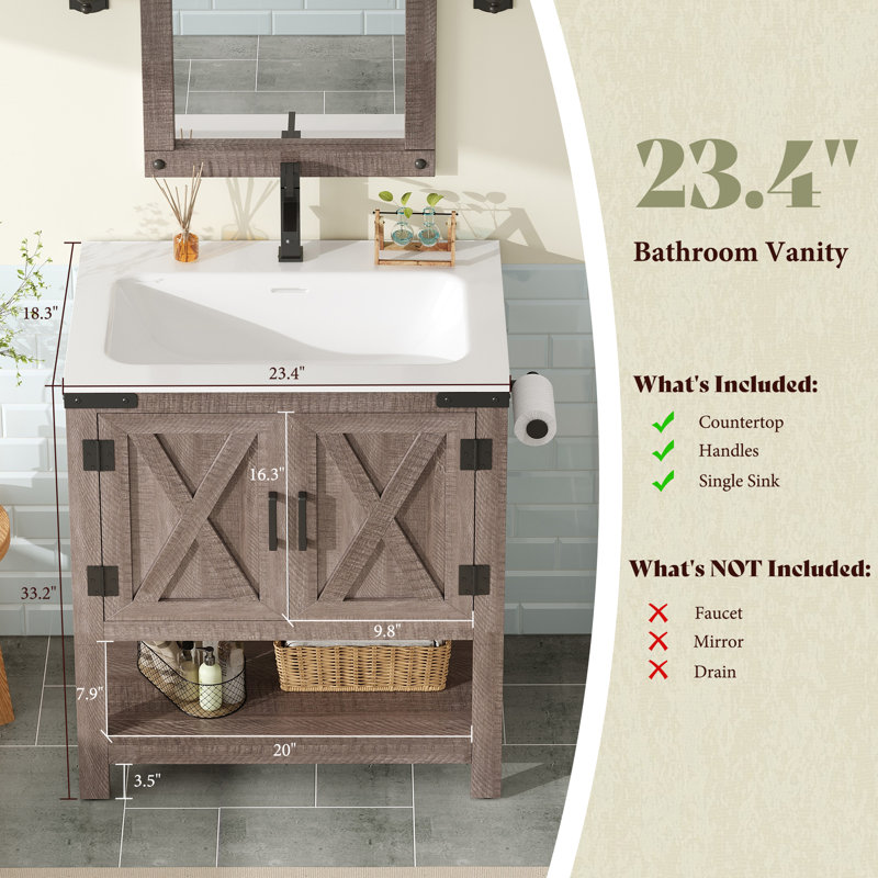 Chimira Farmhouse Single Bathroom Vanity with Storage, Gray, 24"