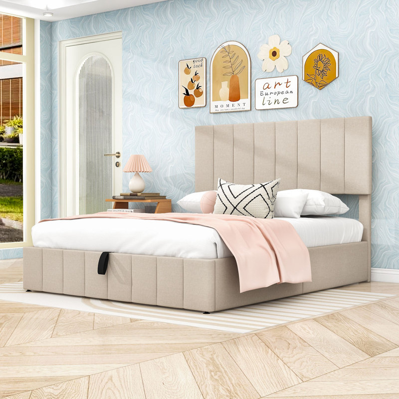 Lit plateforme tapissier avec rangement robuste Laurissa, Beige, Grand lit