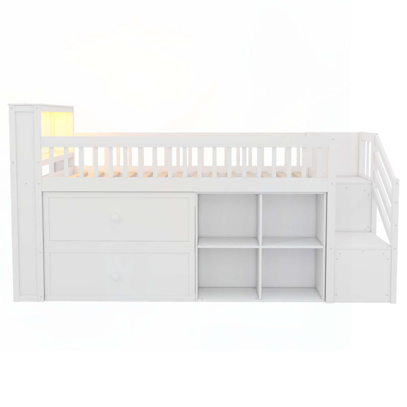 Wood Low Loft Bed with Stairs, White