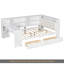 Lit plateforme en bois pleine grandeur avec tablettes de rangement, tiroirs, station de charge, DEL, bureau et tête de lit tapissier, coussin blanc et beige-787589222-787589221