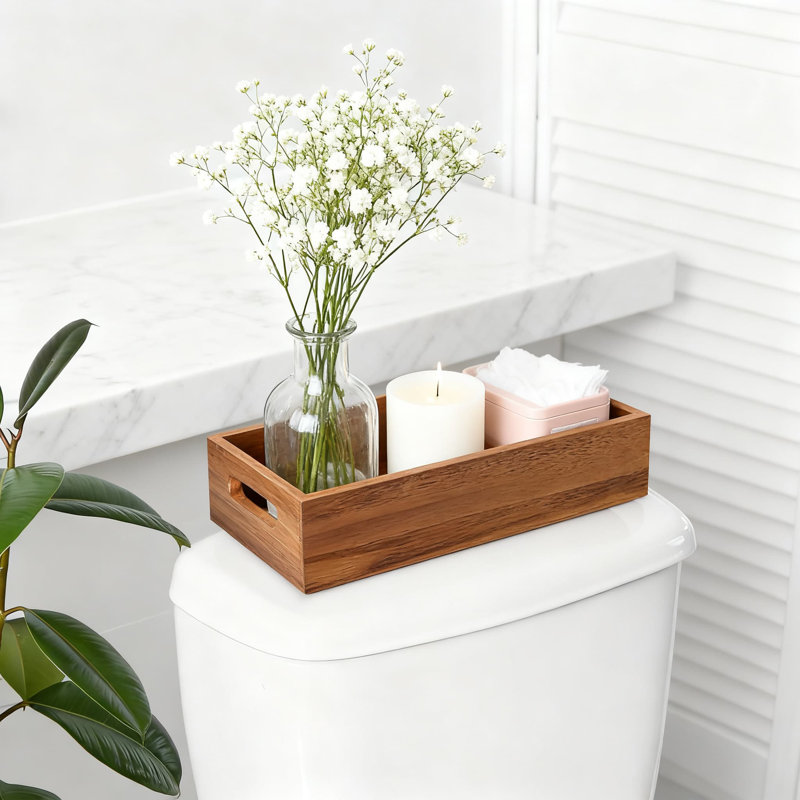 Bathroom Storage Basket With Handle, Wooden Toilet Tank Organizer For Toilet Paper And Bathroom Essentials, Space-Saving Decorative Box For Countertop And Vanity