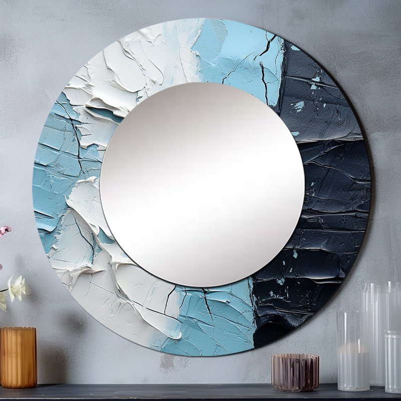 Rovanio minimalisme noir et bleu peinture coin - grand miroir mural bord de mer, miroir décoratif rond bleu, impression d'art en métal