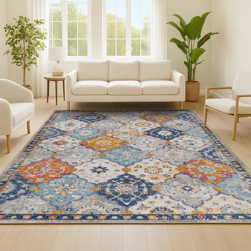 Tapis gris clair / bleu / orange Kirman, Rectangle 5 pi 3 po x 7 pi 7 po