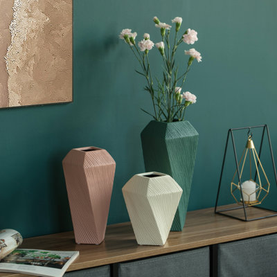 Decorative Ceramic Square Twisted Centerpiece Table Vase Set Of 3, Green Large, Pink Medium, And Beige Small