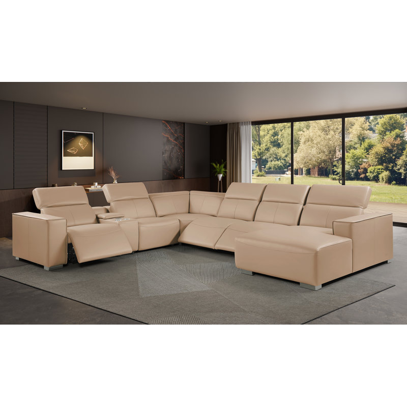 Canapé modulaire en L en cuir véritable 7 pièces BEIGE faisant face à droite avec 3 fauteuils inclinables électriques et appuis-tête réglables