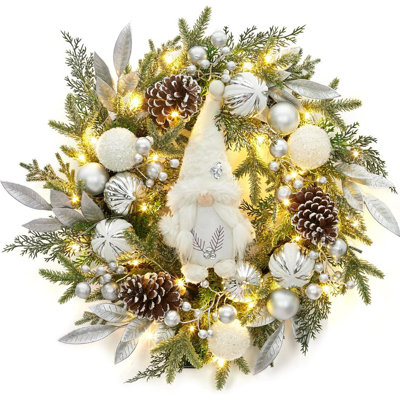 22 Inch Christmas Wreath with Lights, Prelit Silver White Christmas Gnome Wreath with 30 Lights