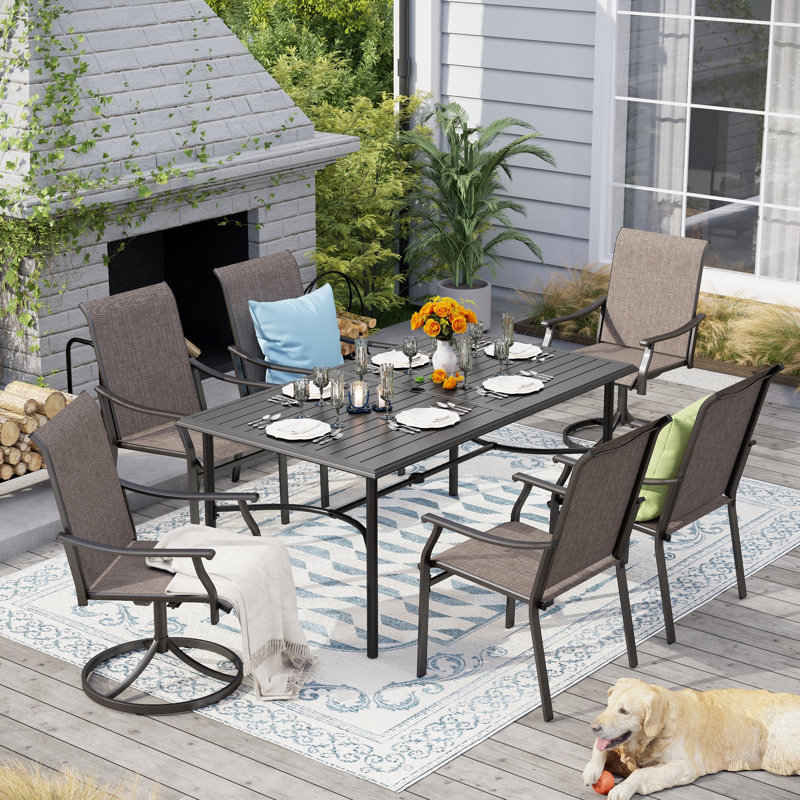 7pcs Rectangle Outdoor Patio Dining Set Heavy Duty Metal Table With Swivel Sling Chairs