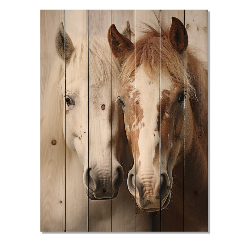 Oleary - Duo dynamique de chevaux blancs et bruns V - reproduction d'animaux sur bois de pin naturel, H 32 po x l 24 po