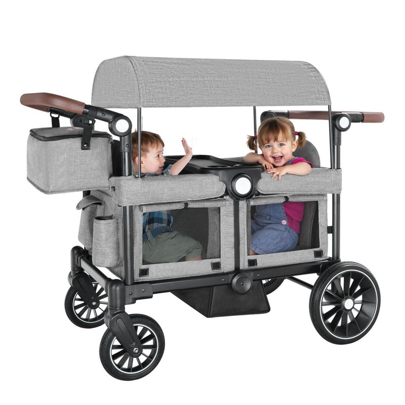 Folding Wagon Stroller for 2 Kids, Adjustable Handle, All-Terrain Shock-Absorbing Wheel, Detachable Tray, Diaper Bag, Gray