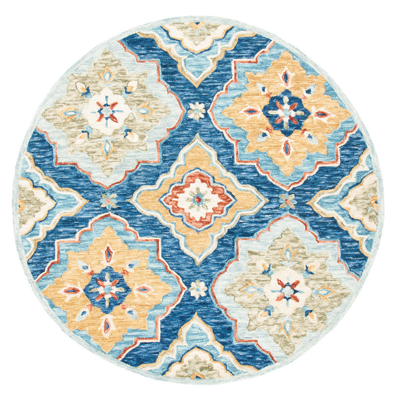 Deacon Damask Hand Tufted Wool Navy Area Rug, Round 6'