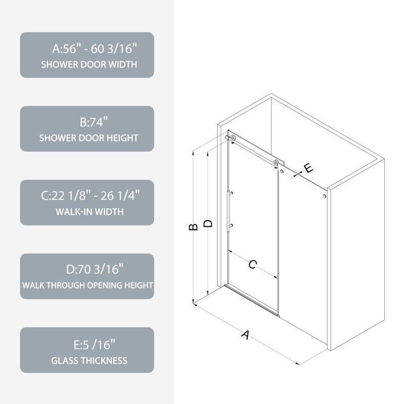Porte coulissante pour douche - Verre trempé 5/16 po, finition or brossé, résistance aux fuites, 56-60 po x 74 36 000 fois testé, or