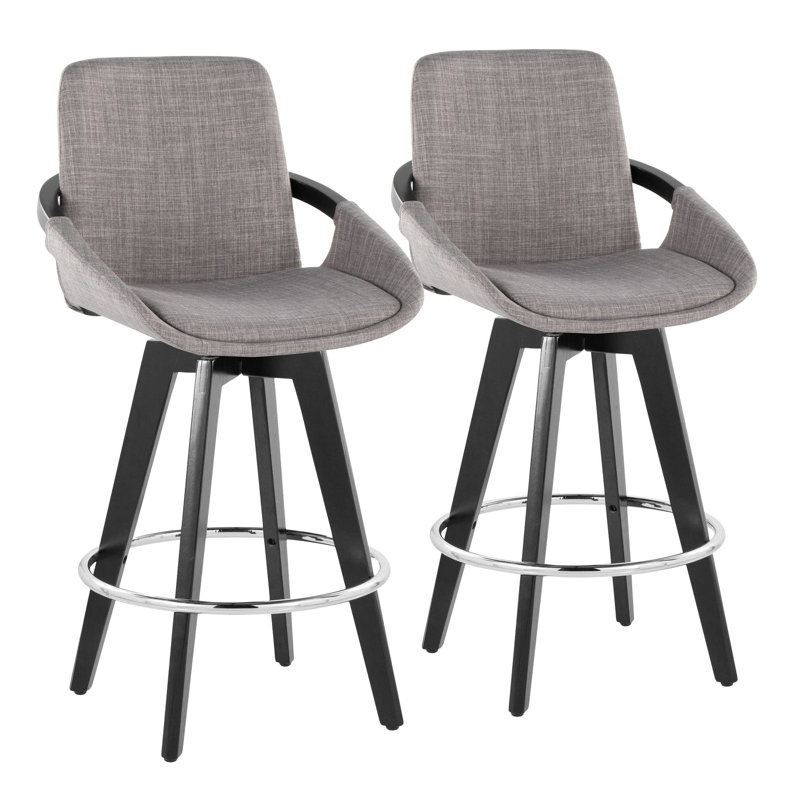 Whitacre 26" Fixed-Height Upholstered Counter Stools with Black Wood Legs & Round Footrest, Gray/Chrome