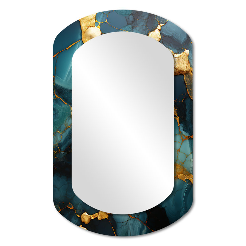 Marinello Gold and green topaz Agate Granite IV - Abstract Cylinder Wall Mirror, Gold Asymmetrical Decorative Mirror, Printed Metal Art