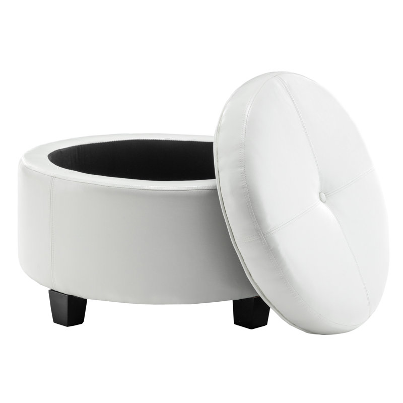 Canek Faux Leather Storage Ottoman with Wooden Legs, White Faux Leather