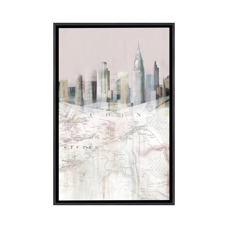 «Blush Manhattan Map II» par Isabelle Z - impression d'art graphique, Toile avec cadre noir patiné, Aucun mat