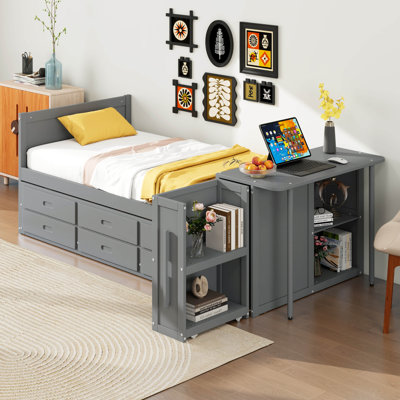 Twin Size Platform Bed With Desk, Storage Shelf, 3 Drawers, Multifunctional Wood Bedframe With Trundle by Red Barrel Studio