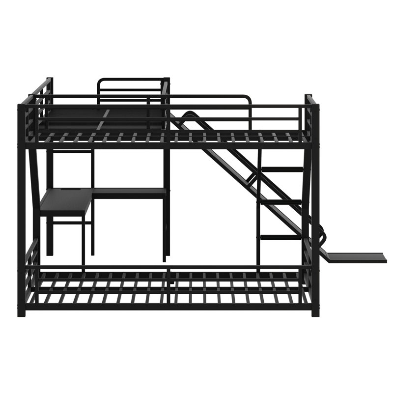 Lit superposé en L avec lit mezzanine, lit superposé triple en métal avec glissade et ports USB, Jumeaux sur complet