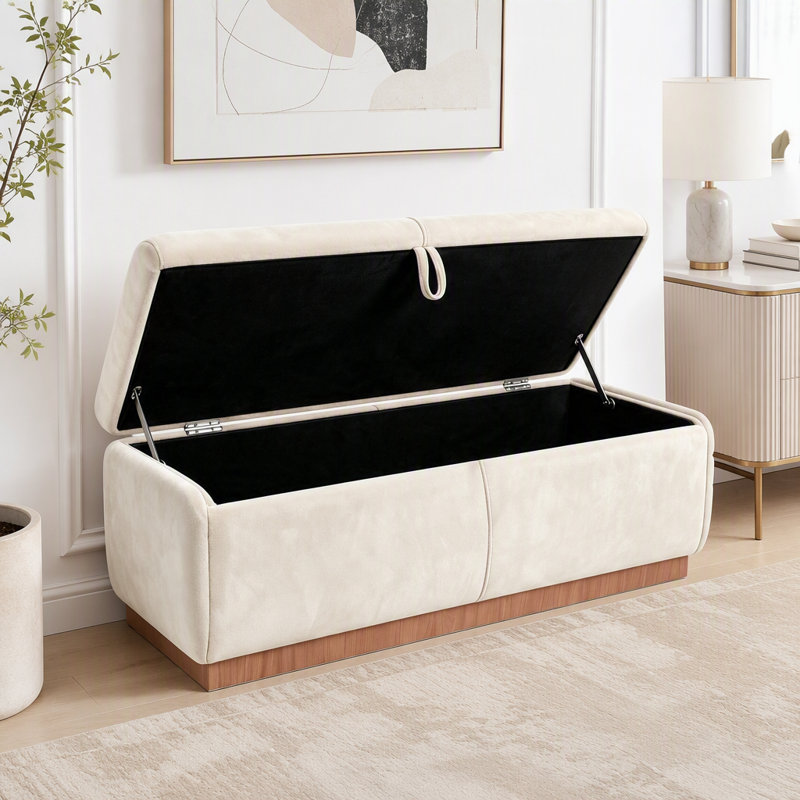 Banc repose-pieds en velours avec couvercle relevable et coutures cousues, Beige