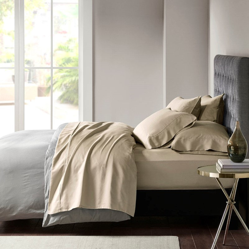 Ensemble de draps en satin de coton, Kaki, Ensemble literie pour lit simple