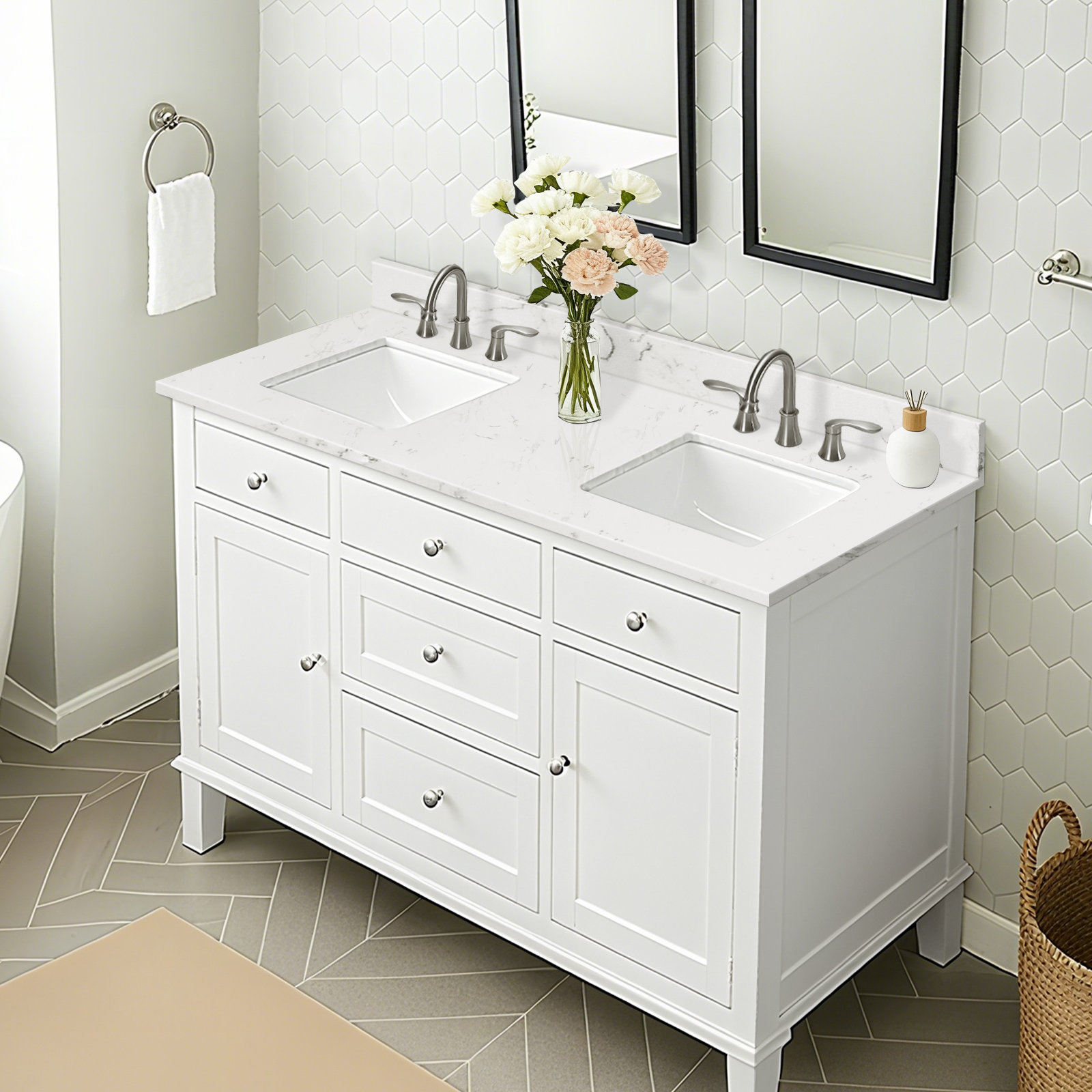 Bohuang 60'' Engineered Stone Double Bathroom Vanity Top with Sink ...