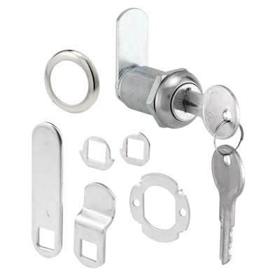Prime-Line Diecast Keyed Alike Drawer and Cabinet Lock  3 Cams, Trim Collar, 2 Washers, 2 Keys and Fasteners  1-1/8 in. Length for 13/16 in. Max Panel Thickness, Stainless Steel (Single Pack)