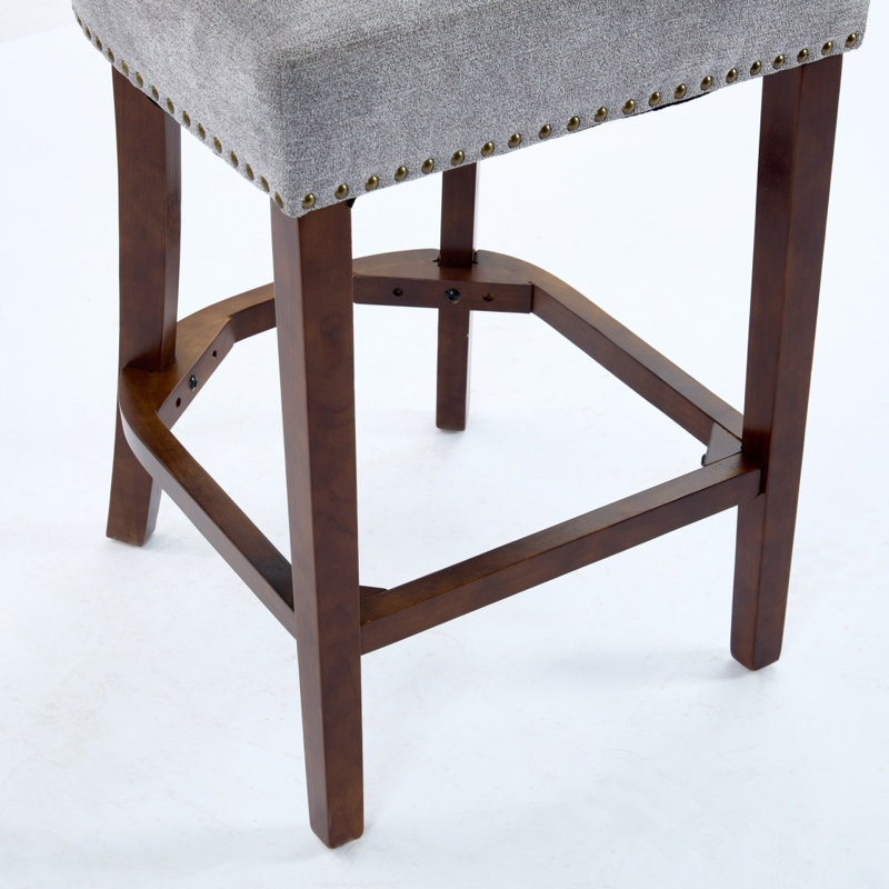 Mid Century Modern Counter Height Bar Stools Set Of 2, Farmhouse Linen Fabric Upholstered Accent Chair Curved Backrest With Copper Nails Around,Kitchen Chairs