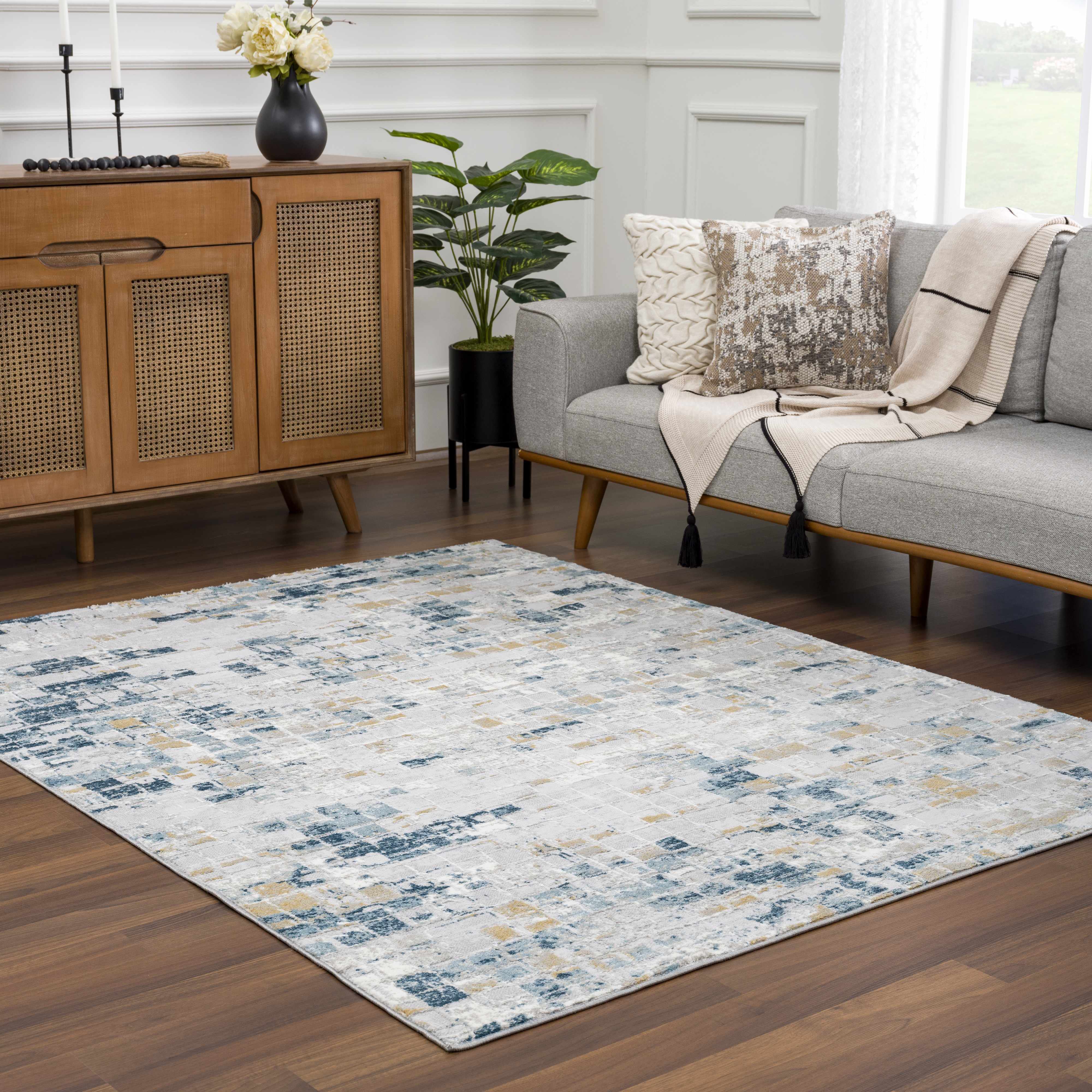 Hauteloom Liverpool Living Room, Bedroom Area Rug - Contemporary - Colorful - 5'3 x 7' - Blue, Grey, Off White