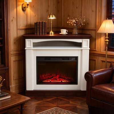 Meuble de foyer électrique en coin, support télé en MDF avec foyer intégré de 58 cm, 3 niveaux de luminosité de la flamme, minuterie et thermostat pour salon ou chambre.