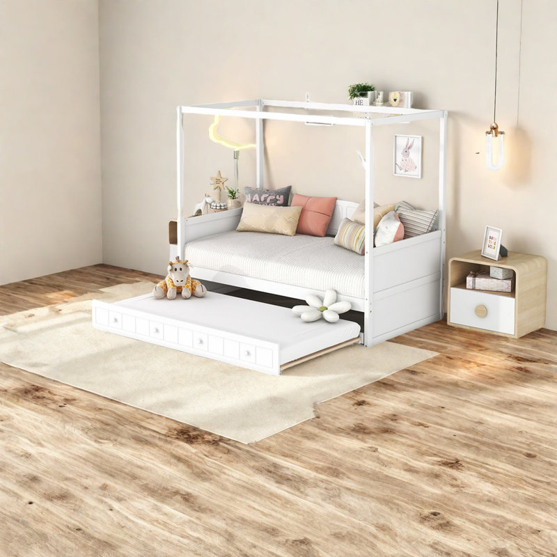 Lit à baldaquin en bois blanc compact avec lit gigogne