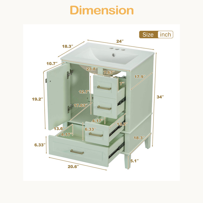 Meuble-lavabo de 24,8 po avec lavabo en céramique, armoire autoportante moderne avec porte à fermeture en douceur, tiroir profond, tiroir peu profond