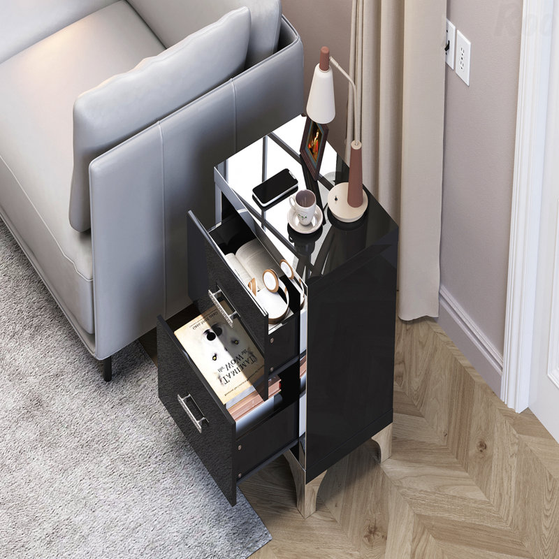 Table de chevet moderne à 2 tiroirs noir avec miroir, Noir