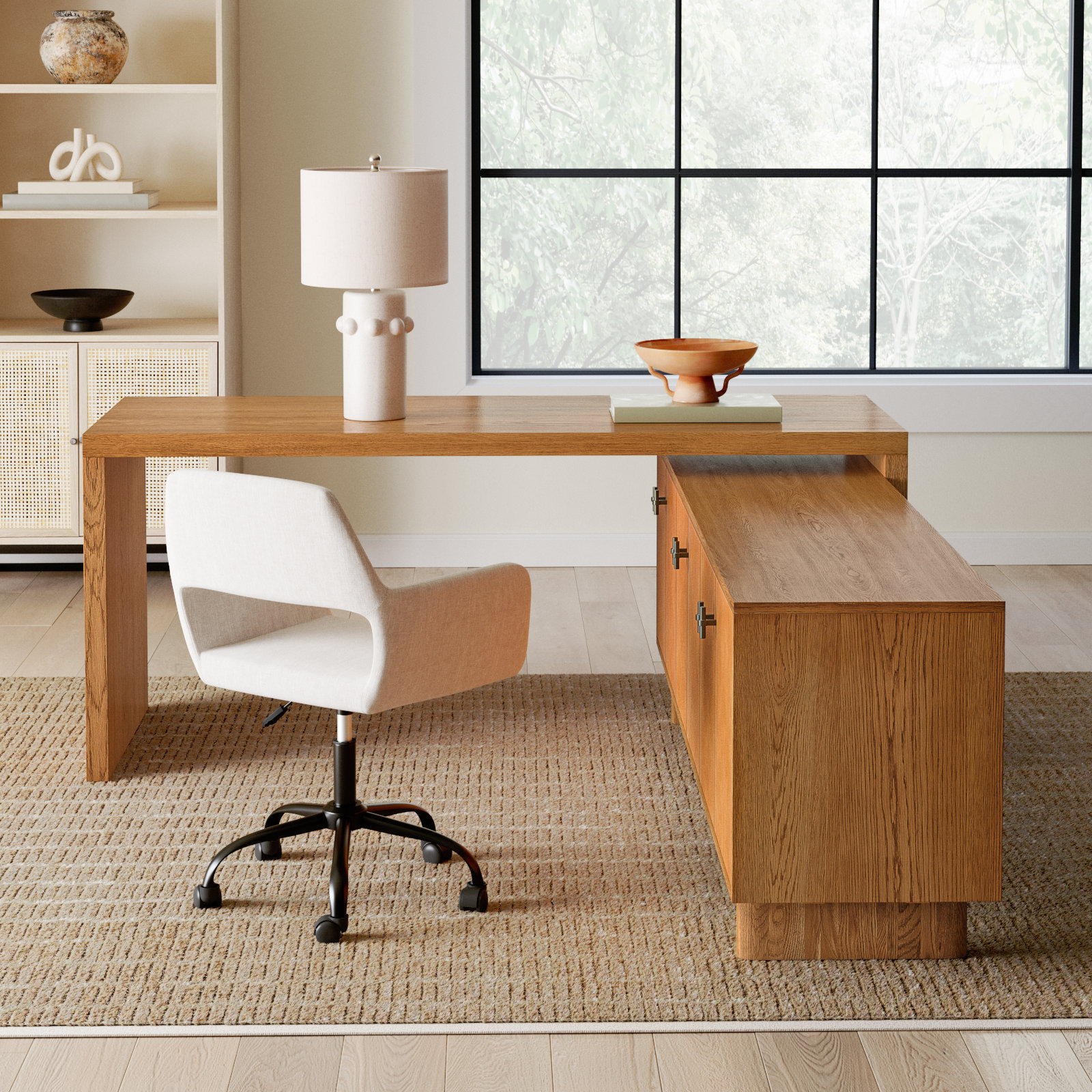 L-Shaped Wood Executive Desk, Amber Oak