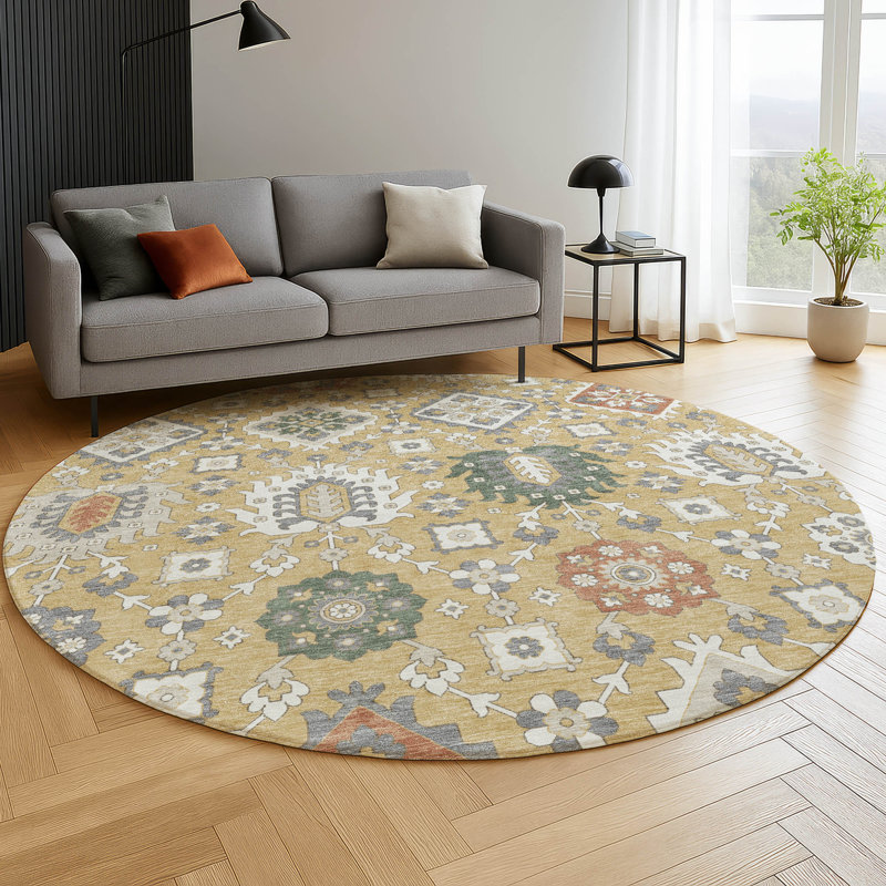 Premium Machine Washable Mayfield AMF2200 bohemian Rug, Gold, 8' Round