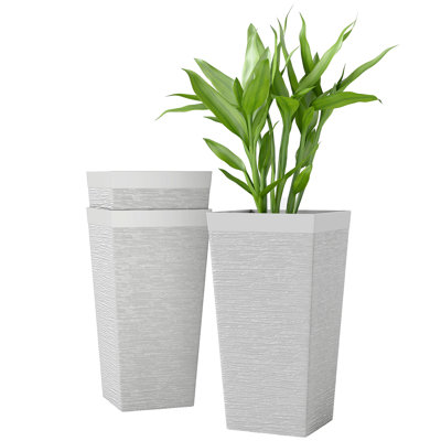 22.8 Inch Tall Planters for Outdoor Plants, Set of 3 Plastic Flower Pots with Stone Finish and Wheels, Stackable Tapered Planters with Drainage Hole for Indoor Plants, Front Porch, White