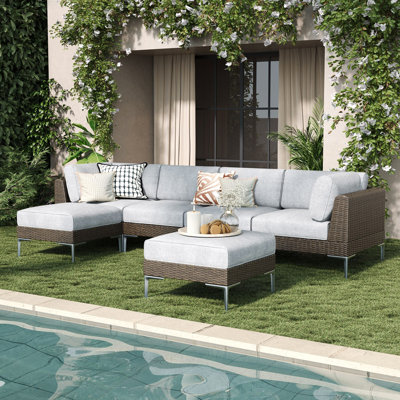 Ensemble de conversation pour canapé modulaire d'extérieur en rotin 6 pièces avec conversation et coussins épais pour la pelouse et le jardin
