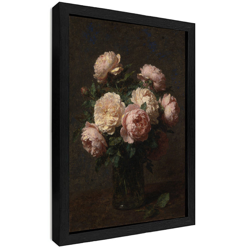 Reproduction d'art encadrée noire avec pivoines rétro, H 17 po x l 13 po