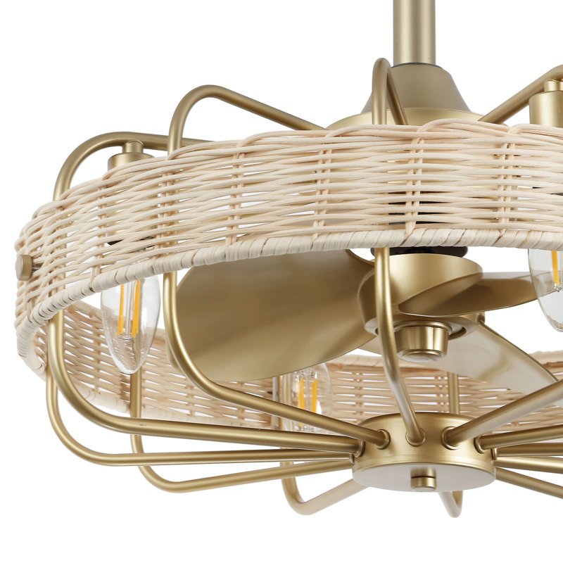 18" Rattan Caged Ceiling Fan with Light Kit and Remote, Gold/Cream