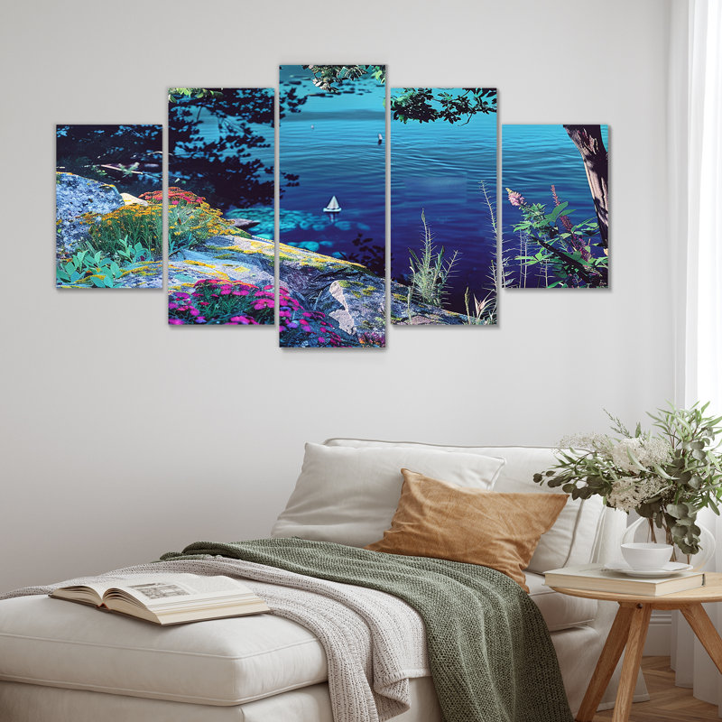 Voilier simple dans une baie florissante bleu idyllique - plage et océan, art mural 5 pièces