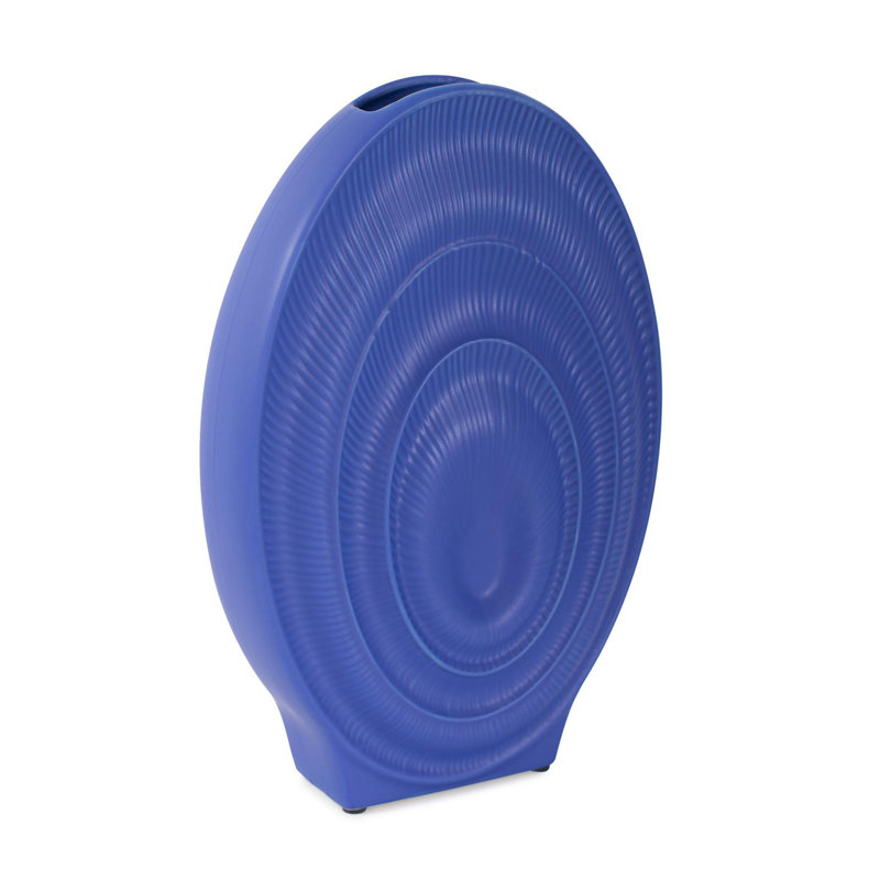 Kymya Radiant Blue Ribbed Ceramic Vase, 12" H x 8" W x 2.38" D