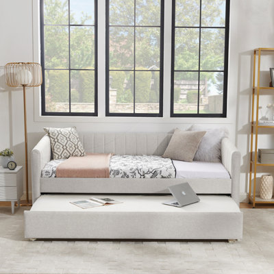 Daybed with trundle - upholstered sofa bed, vertical stripes, linen fabric