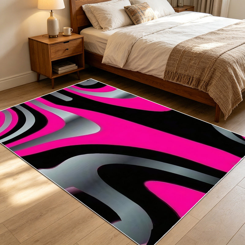 1PC Modern Abstract Psychedelic Hot Pink Black Grey Wave Stripe area rugs for Living Room, Soft and Comfortable, Suitable for all seasons, easy-to-maintain, machine washable Indoor floor mat, Under Table Farmhouse suitable for Dining Room, Bedroom,