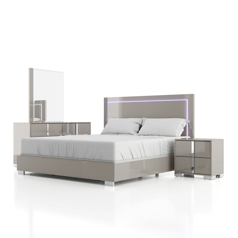 Ensemble de chambre Duckworth, Grand, Gris taupe, 6 Pcs: Bed, 2 Nightstands, 2 Dressers, Mirror