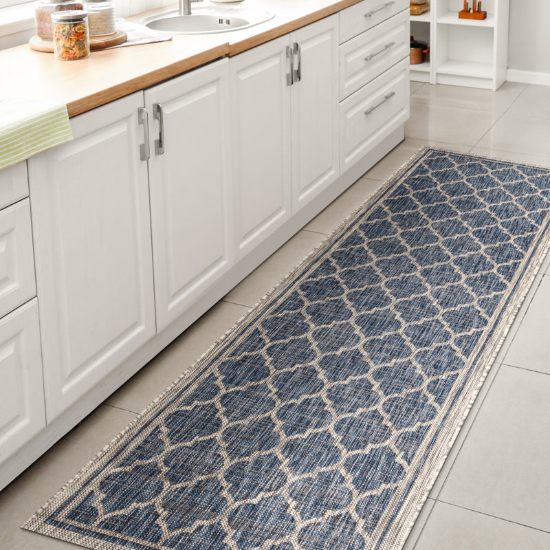 Hague Moroccan Trellis Textured Weave Navy/Gray Indoor/Outdoor Rug, Runner 2'2" x 10'