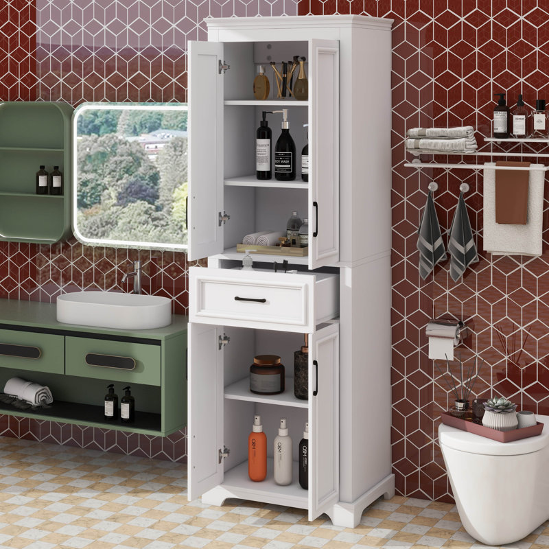 Armoire de rangement de 70,8 po de hauteur avec tablettes réglables, armoire de salle de bain moderne avec 4 portes et 1 tiroir, portes à charnières amortissantes