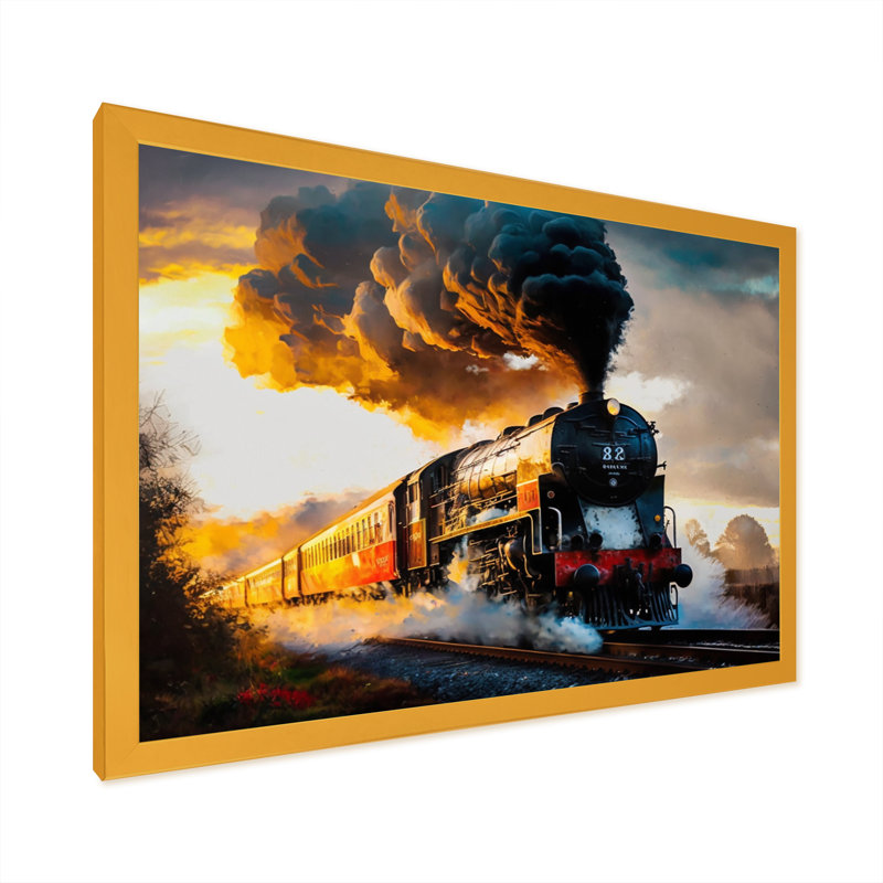 Train en mouvement II - train de transport, impressions sur toile, H 24 po x l 32 po, Encadrement doré