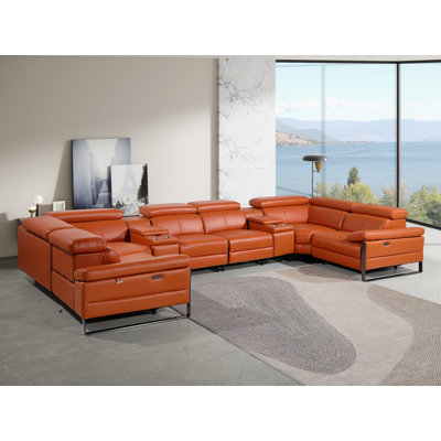 Top Grain Italian Leather 8-Piece U-Shaped Modular Power Reclining Sectional With 2 Power Recliners & Power Headrests