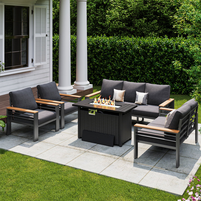 7-Seat Outdoor Aluminum Furniture Set, Sectional Sofa with Washable Thick Cushions, Fire Pit Table and Waterproof Cover, Patio Conversation Sets for Porch, Balcony, Deck