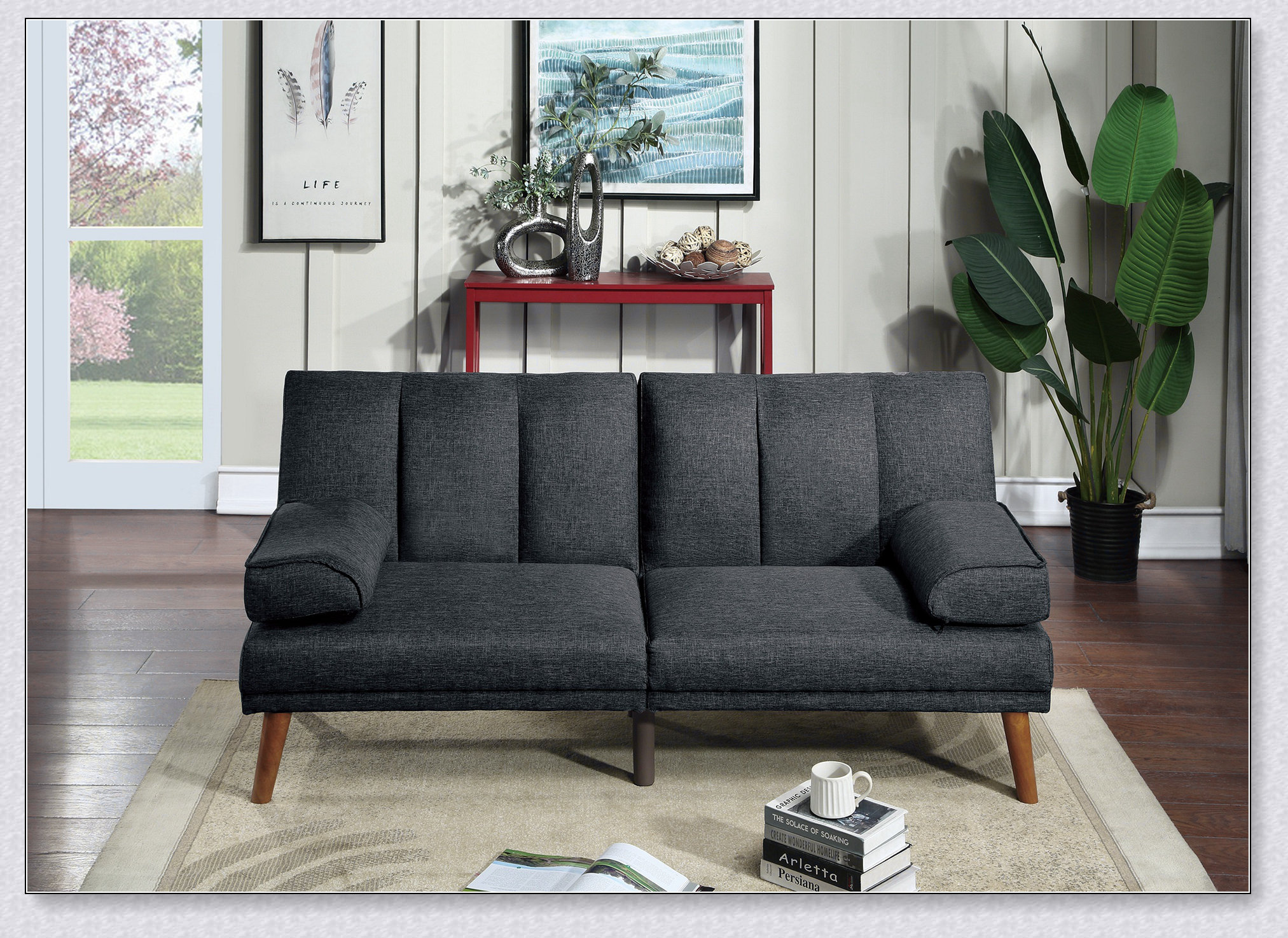 Corrigan Studio Black Polyfiber Adjustable Sofa Bed Living Room Solid ...