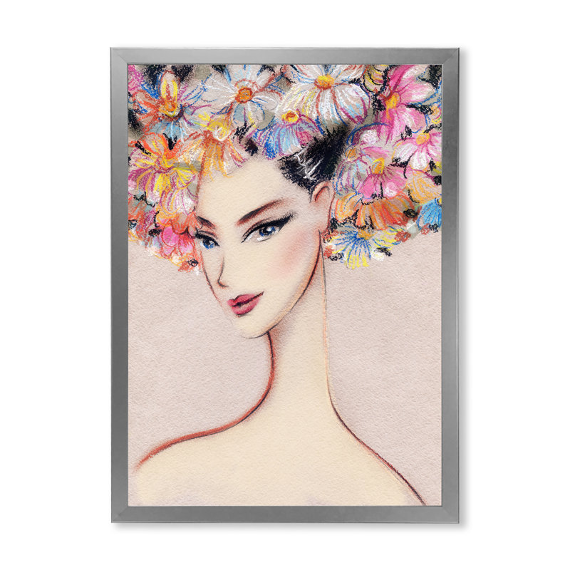 «Floral Fashion Woman Portrait», art mural sur toile Glam, H 36 po x l 24 po x P 1 po, Cadre photo argenté